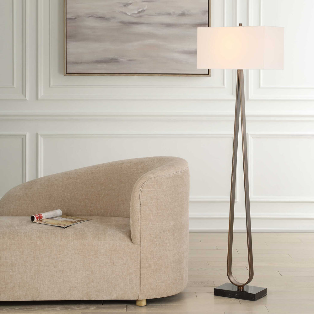Uttermost Galloway Minimalist Bronze Floor Lamp With Elegant White Linen Shade And Marble Base Bronze Marble,Iron,Fabric 30591
