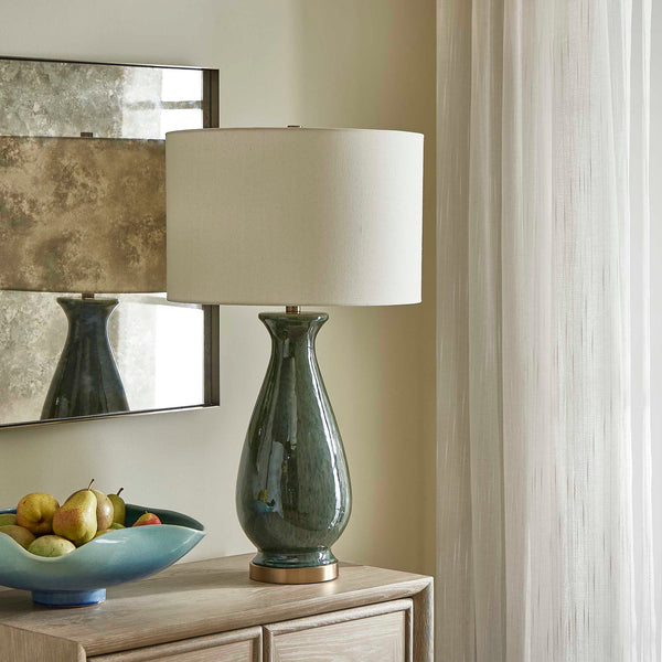 Uttermost Uttermost Colestin Ceramic Table Lamp In Deep Green Drip Glaze With Brushed Brass Accents, Linen Shade 30556-1