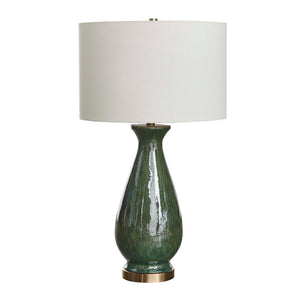 Uttermost Uttermost Colestin Ceramic Table Lamp In Deep Green Drip Glaze With Brushed Brass Accents, Linen Shade 30556-1