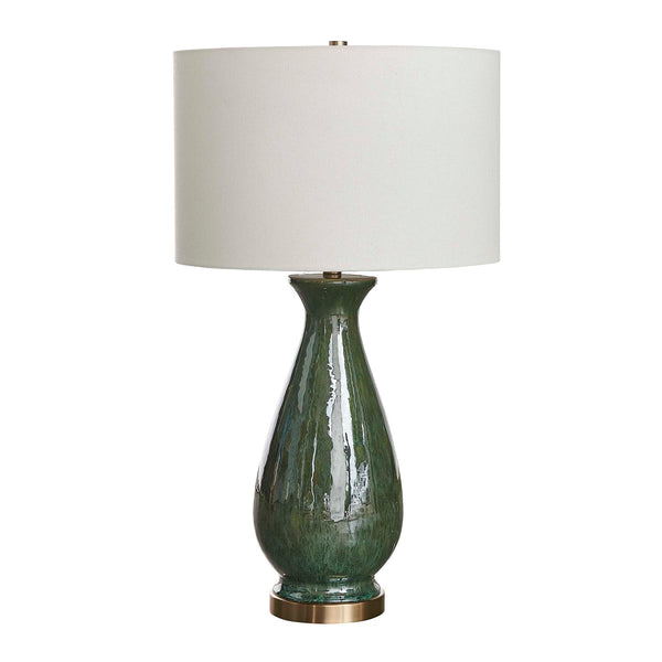 Uttermost Uttermost Colestin Ceramic Table Lamp In Deep Green Drip Glaze With Brushed Brass Accents, Linen Shade 30556-1