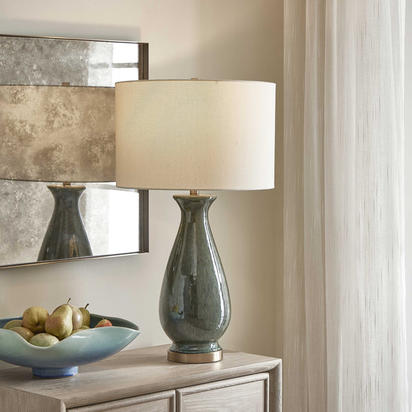 Uttermost Uttermost Colestin Ceramic Table Lamp In Deep Green Drip Glaze With Brushed Brass Accents, Linen Shade 30556-1
