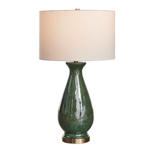 Uttermost Uttermost Colestin Ceramic Table Lamp In Deep Green Drip Glaze With Brushed Brass Accents, Linen Shade 30556-1