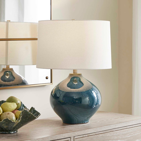 Uttermost Uttermost Corrine Mottled Deep-Blue Ceramic Table Lamp With Brass Accents & White Linen Shade Bliss 30538-1