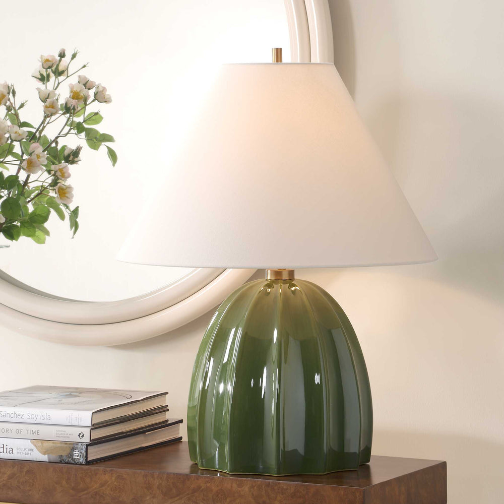 Uttermost Renna Moss Green Table Lamp - Elegant Fluted Ceramic Base With Brass Accents & Linen Shade Green Ceramic,Iron ,Shade 30558