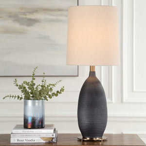 Uttermost Bower Modern Matte Black Table Lamp With Textured Ceramic Base & Antique Brass Accents Black Steel & Ceramic & Linen 30554-1
