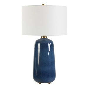 Uttermost Brae Table Lamp - Elegant Deep Blue Glaze With Brass Accents & White Linen Shade, Unique Charm Blue Ceramic & Metal & Fabric 30566