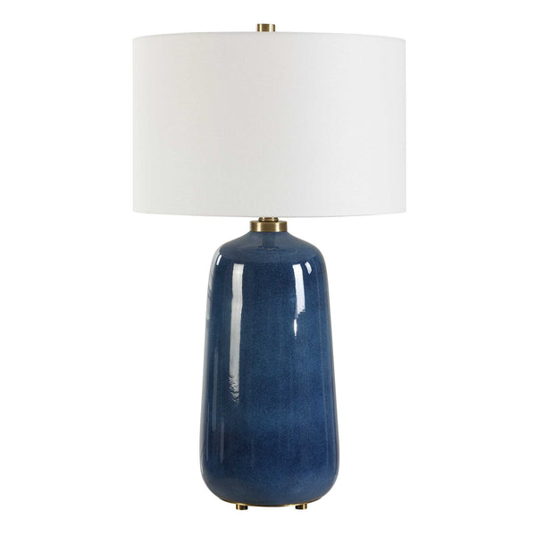 Uttermost Brae Table Lamp - Elegant Deep Blue Glaze With Brass Accents & White Linen Shade, Unique Charm Blue Ceramic & Metal & Fabric 30566