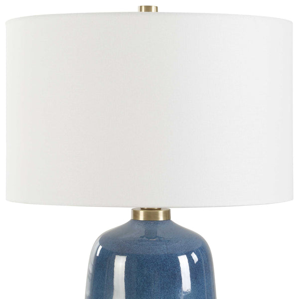 Uttermost Brae Table Lamp - Elegant Deep Blue Glaze With Brass Accents & White Linen Shade, Unique Charm Blue Ceramic & Metal & Fabric 30566