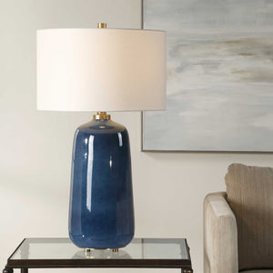 Uttermost Brae Table Lamp - Elegant Deep Blue Glaze With Brass Accents & White Linen Shade, Unique Charm Blue Ceramic & Metal & Fabric 30566