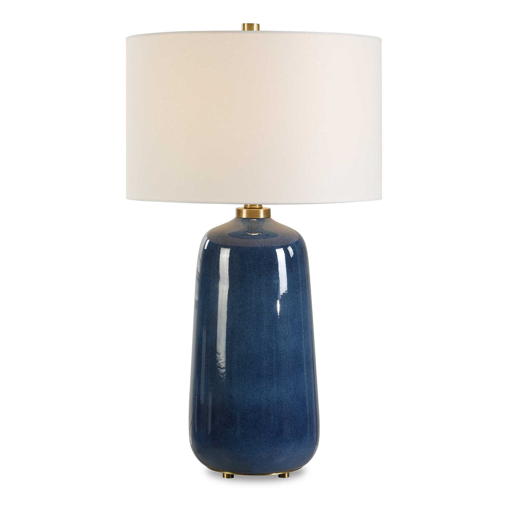 Uttermost Brae Table Lamp - Elegant Deep Blue Glaze With Brass Accents & White Linen Shade, Unique Charm Blue Ceramic & Metal & Fabric 30566