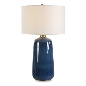 Uttermost Brae Table Lamp - Elegant Deep Blue Glaze With Brass Accents & White Linen Shade, Unique Charm Blue Ceramic & Metal & Fabric 30566