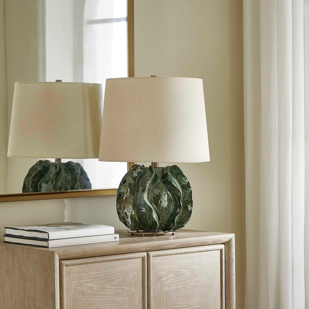 Uttermost Uttermost Guinevere Distressed Deep Green Ceramic Table Lamp With Brass Accents & White Linen Shade, 30.5" 30543-1