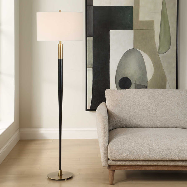 Uttermost Stowe Elegant Satin Black Floor Lamp With Brass Accents & Crisp White Linen Shade Black Metal,Fabric 30592