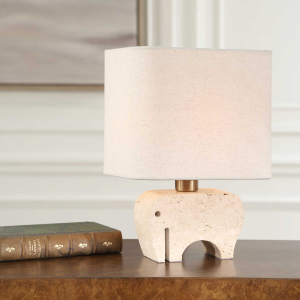 Uttermost Tusk Elephant Accent Lamp - Whimsical Beige Travertine With Brass Details, Perfect Decor! Brown Metal & Marble 30609-1
