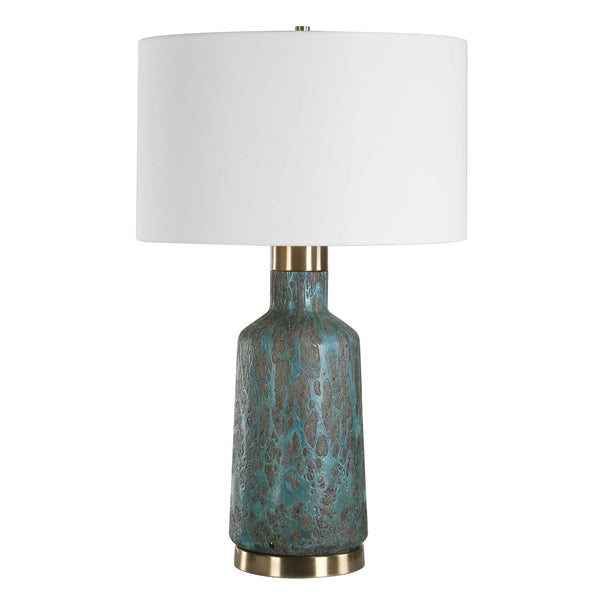 Uttermost Dauphine Cracked Teal Table Lamp - Elegant Glass Base, Antique Brass Accent & White Shade Blue,Gray,Green Steel,Glass,Fabric 30559