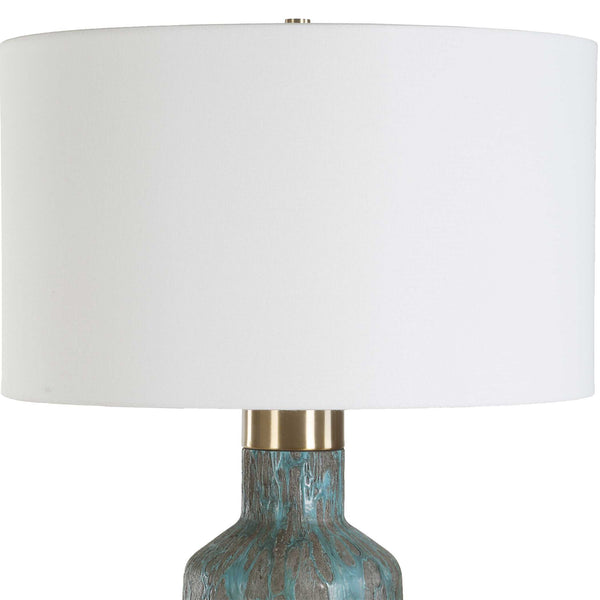 Uttermost Dauphine Cracked Teal Table Lamp - Elegant Glass Base, Antique Brass Accent & White Shade Blue,Gray,Green Steel,Glass,Fabric 30559