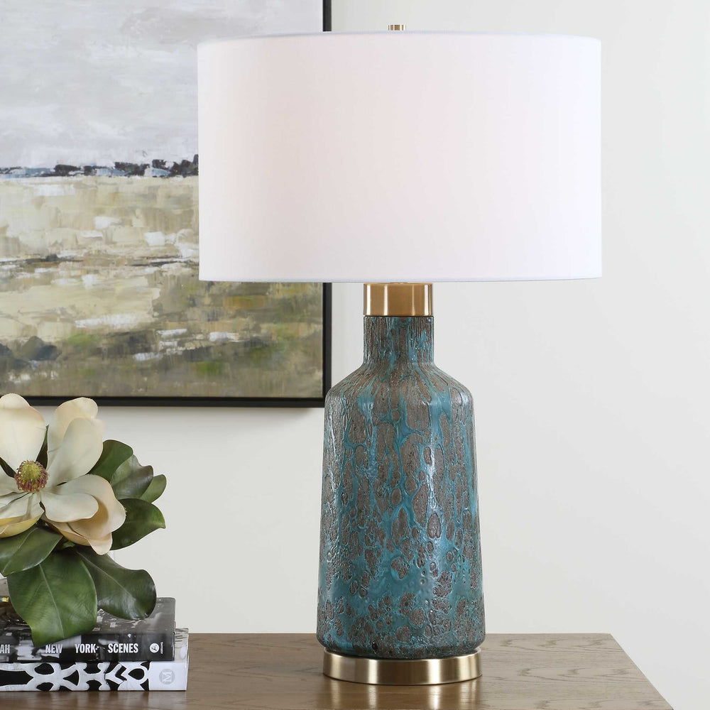 Uttermost Dauphine Cracked Teal Table Lamp - Elegant Glass Base, Antique Brass Accent & White Shade Blue,Gray,Green Steel,Glass,Fabric 30559