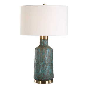 Uttermost Dauphine Cracked Teal Table Lamp - Elegant Glass Base, Antique Brass Accent & White Shade Blue,Gray,Green Steel,Glass,Fabric 30559