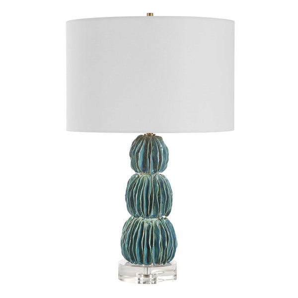 Uttermost Bonaire Teal Blue Table Lamp - Handcrafted Ceramic Elegance With Brass Accents & Crystal Base Blue,Green Ceramic,Crystal,Iron,Fabric 30572