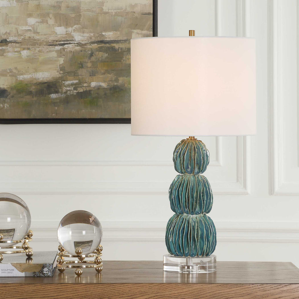 Uttermost Bonaire Teal Blue Table Lamp - Handcrafted Ceramic Elegance With Brass Accents & Crystal Base Blue,Green Ceramic,Crystal,Iron,Fabric 30572