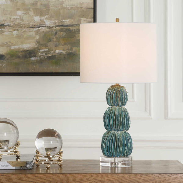 Uttermost Bonaire Teal Blue Table Lamp - Handcrafted Ceramic Elegance With Brass Accents & Crystal Base Blue,Green Ceramic,Crystal,Iron,Fabric 30572