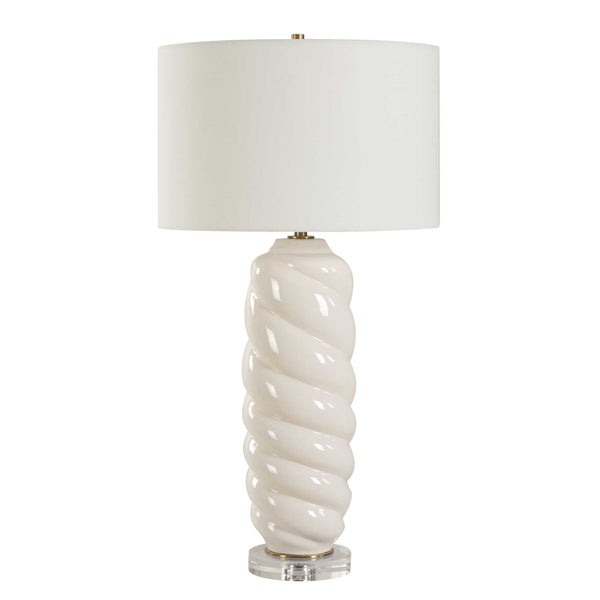 Uttermost Anneli White Swirl Table Lamp - Elegant Coastal Design With Crystal Foot & Brass Accents White Ceramic,Crystal,Iron,Fabric 30573
