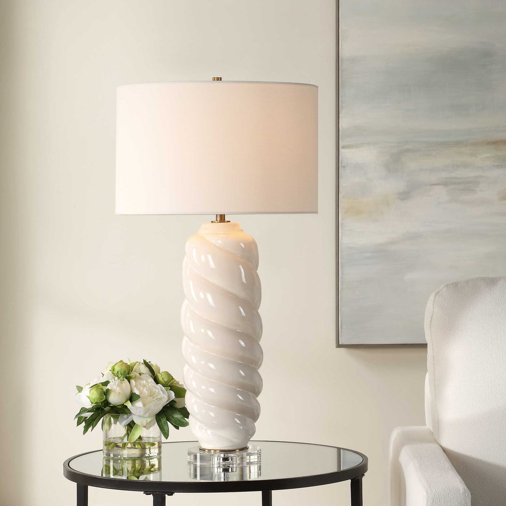 Uttermost Anneli White Swirl Table Lamp - Elegant Coastal Design With Crystal Foot & Brass Accents White Ceramic,Crystal,Iron,Fabric 30573