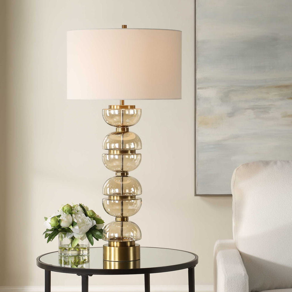 Uttermost Modern Half-sphere Table Lamp With Amber Glass & Brass Accents – Stylish White Shade Brass,Brown,Gold Glass,Iron,Fabric 30568