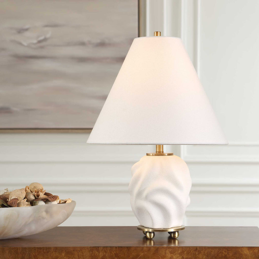 Uttermost Bora White Accent Lamp - Elegant 3d Swirled Ceramic Base With Brass Accents & Linen Shade White Metal,Ceramic,Fabric 30589-1
