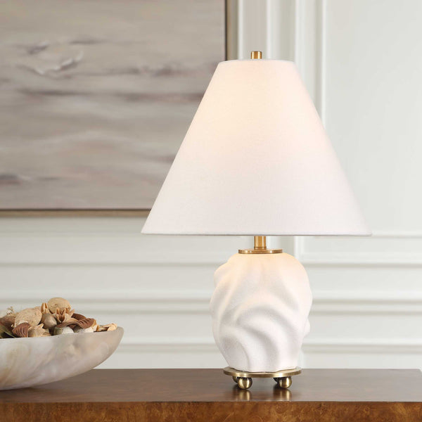 Uttermost Bora White Accent Lamp - Elegant 3d Swirled Ceramic Base With Brass Accents & Linen Shade White Metal,Ceramic,Fabric 30589-1