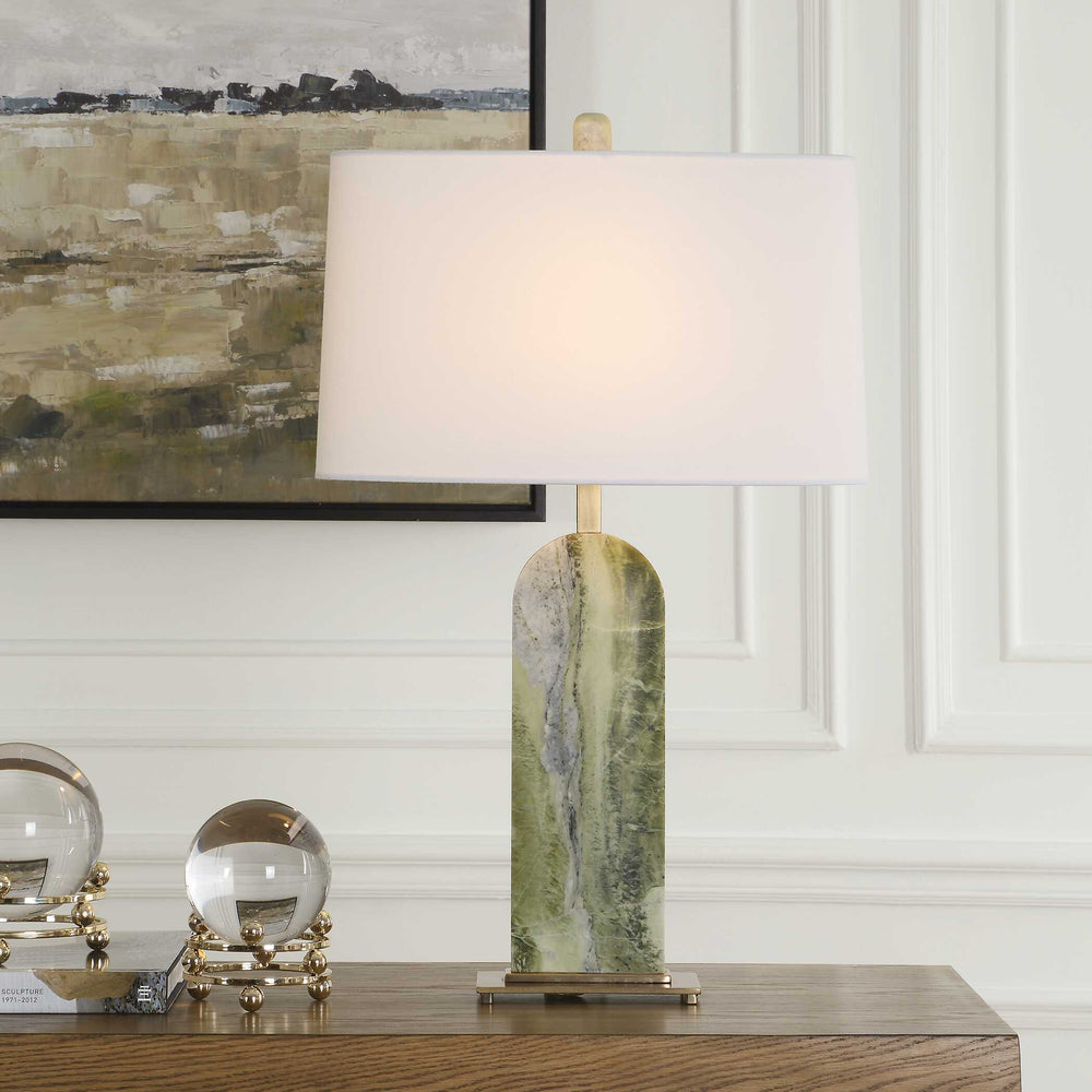 Uttermost Moorea Green Marble Table Lamp - Unique Antique Brass Accents & Crisp White Linen Shade Green Marble,Metal,Fabric 30596-1