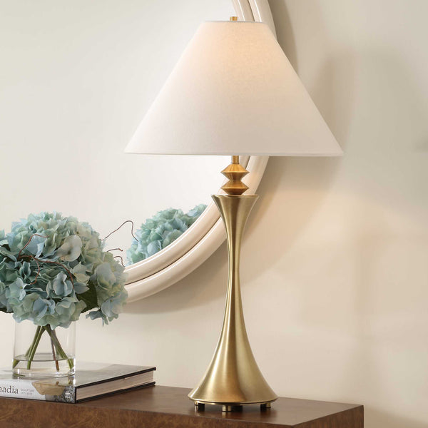 Uttermost Shaefer Gold Table Lamp - Elegant Flared Metal Base With Geometric Design & White Linen Shade Brass,Gold Metal & Fabric 30578
