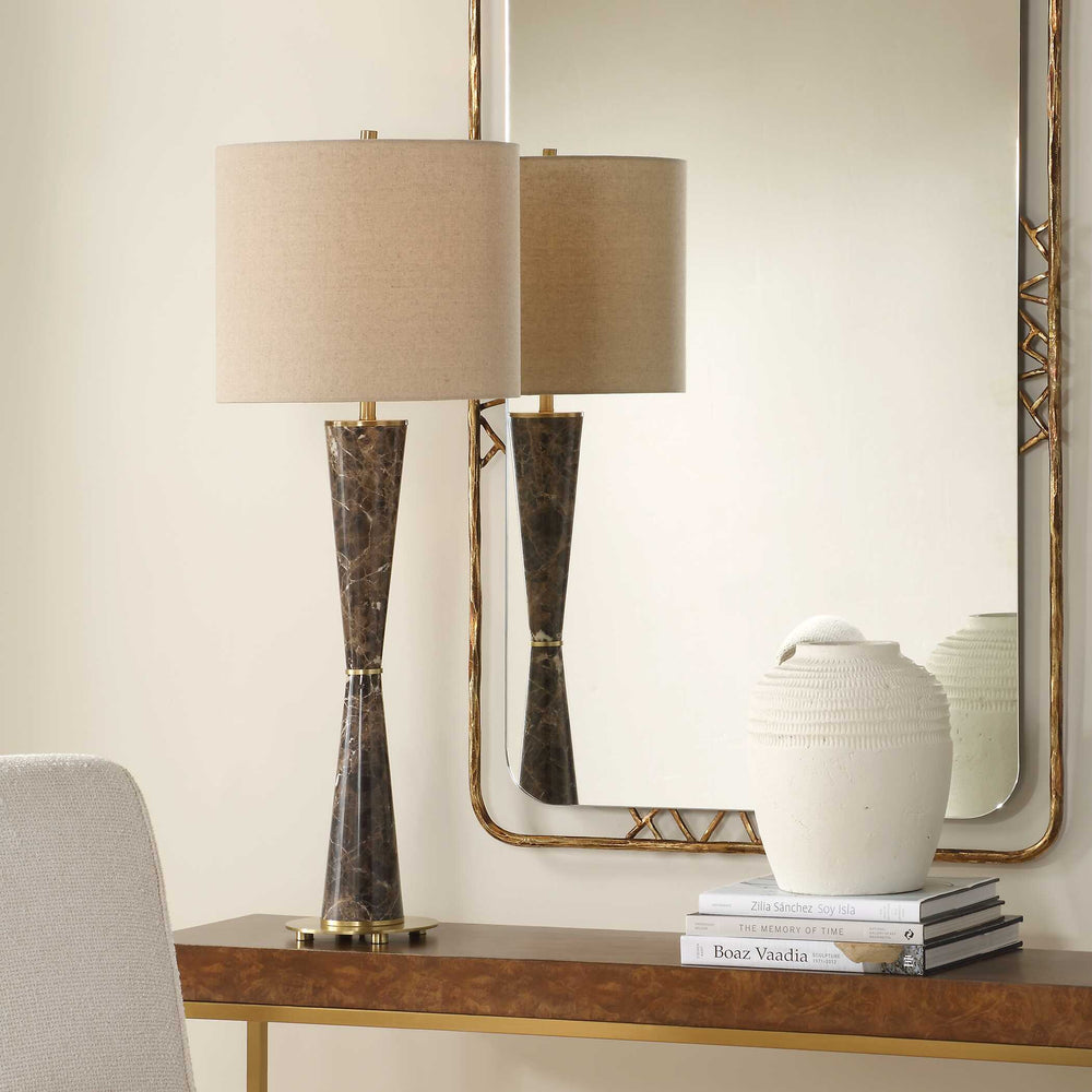 Uttermost Jameson Hourglass Marble Cones Table Lamp With Antique Brass Accents & Beige Linen Shade Brown Metal & Marble & Fabric 30579