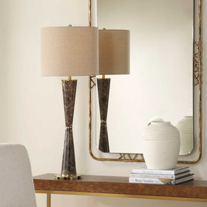Uttermost Jameson Hourglass Marble Cones Table Lamp With Antique Brass Accents & Beige Linen Shade Brown Metal & Marble & Fabric 30579