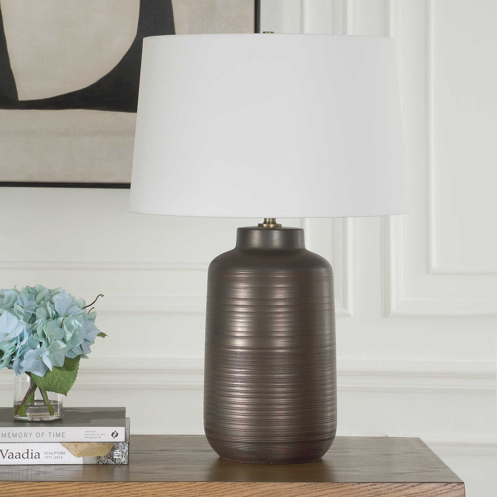 Uttermost Uttermost Calderone Bronze Table Lamp — 27.5" Dark Bronze Porcelain Base, Brass Accents & White Linen Shade 30602-1