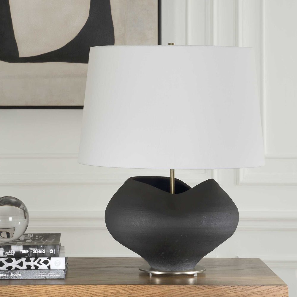 Uttermost Uttermost Nocturne Porcelain Table Lamp In Aged Black With Brass Accents And White Linen Shade, Sculptural Ambient Light 30603-1