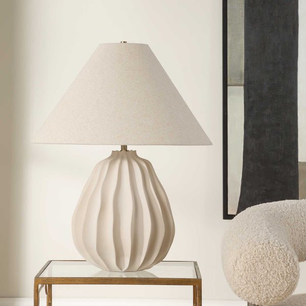 Uttermost Uttermost Javary Porcelain Table Lamp Matte Beige With Textured Ridges & Linen Shade For Cozy Rooms 30605