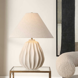 Uttermost Uttermost Javary Porcelain Table Lamp Matte Beige With Textured Ridges & Linen Shade For Cozy Rooms 30605