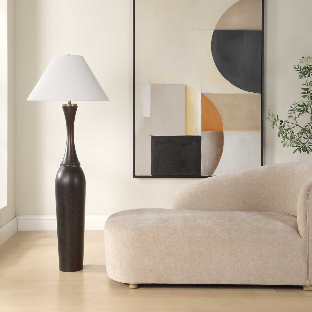 Uttermost Uttermost Pravin Dark Wood Floor Lamp With White Linen Coolie Shade, Brass Accents, 64" Height 30607