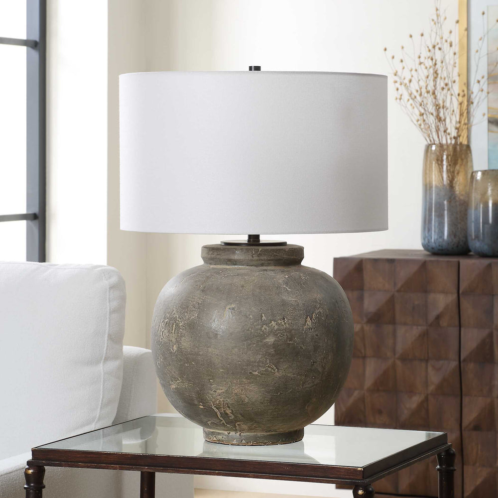 Uttermost Uttermost Rock Of Ages Ceramic Table Lamp – Textured Rust Brown & Dark Bronze Accents, Linen Shade For Warm Ambient Light 30647