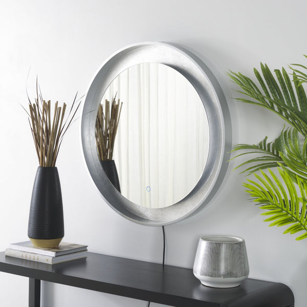 Safavieh ERDEM, 30 Inch Aluminum LED Mirror - Elegant Lighting for Modern Spaces, Ideal for Ambiance & Style Silver Grey / Silver Leaf LMR1014A