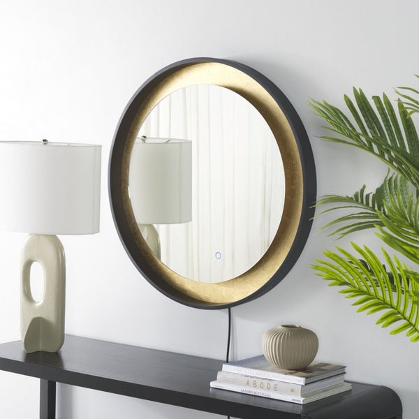 Safavieh ERDEM, 30 Inch Aluminum LED Mirror - Elegant Lighting for Modern Spaces, Ideal for Ambiance & Style Black / Gold Leaf LMR1014B