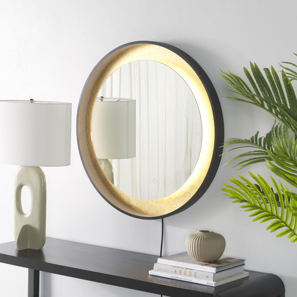 Safavieh ERDEM, 30 Inch Aluminum LED Mirror - Elegant Lighting for Modern Spaces, Ideal for Ambiance & Style Black / Gold Leaf LMR1014B