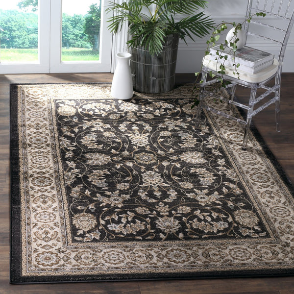 Safavieh Lyndhurst Round Anthracite & Cream Floral Area Rug — Power‑Loomed Turkey, Low‑Profile, Stain‑Resistant 3'-3" x 3'-3" LNH340D-3R