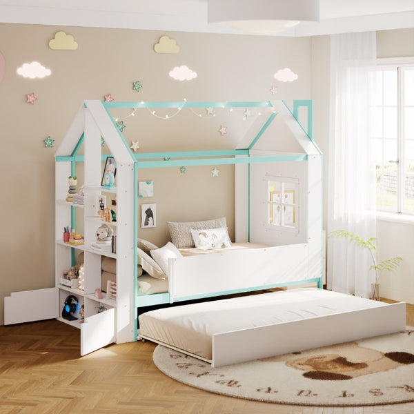 English Elm Twin House Bed with LED Headboard Pull Out Trundle and Foot End Storage Shelves White+Blue LP000004AAC