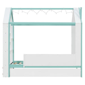 English Elm Twin House Bed with LED Headboard Pull Out Trundle and Foot End Storage Shelves White+Blue LP000004AAC
