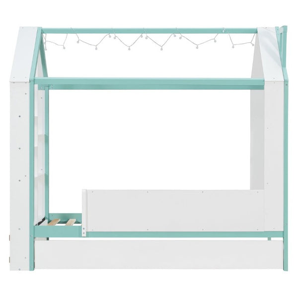 English Elm Twin House Bed with LED Headboard Pull Out Trundle and Foot End Storage Shelves White+Blue LP000004AAC
