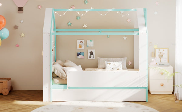 English Elm Twin House Bed with LED Headboard Pull Out Trundle and Foot End Storage Shelves White+Blue LP000004AAC