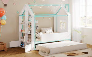 English Elm Twin House Bed with LED Headboard Pull Out Trundle and Foot End Storage Shelves White+Blue LP000004AAC