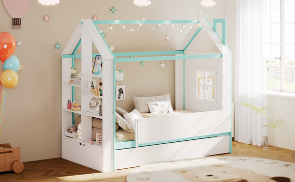 English Elm Twin House Bed with LED Headboard Pull Out Trundle and Foot End Storage Shelves White+Blue LP000004AAC